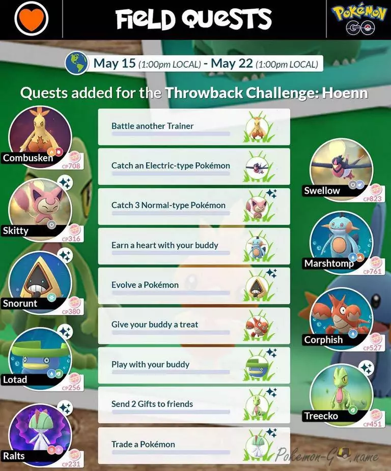 Throwback Hoenn Challenge 2020 Missions sur le terrain