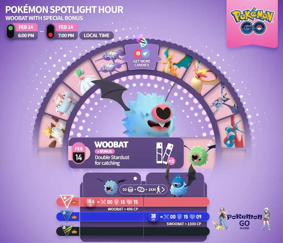 Hora de aparición de Pokémon Woobat 14 de febrero de 2023