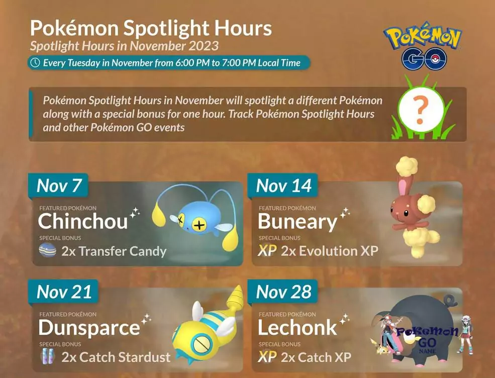 Spotlight event schedule in Pokemon GO - November 2023