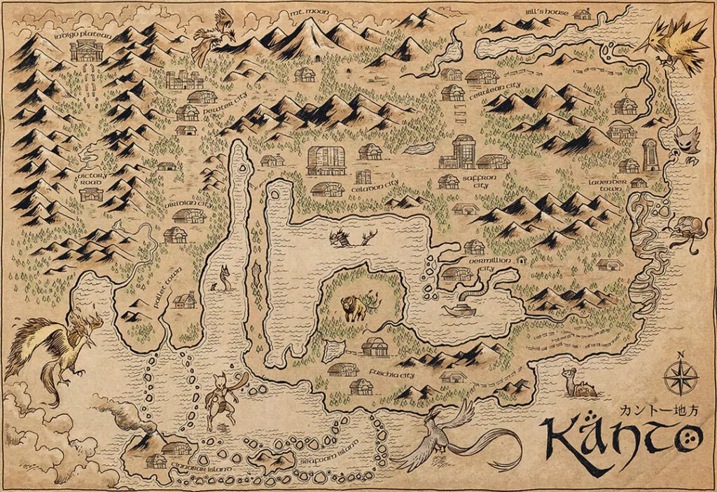 Карта региона Kanto — 1 поколение Покемонов